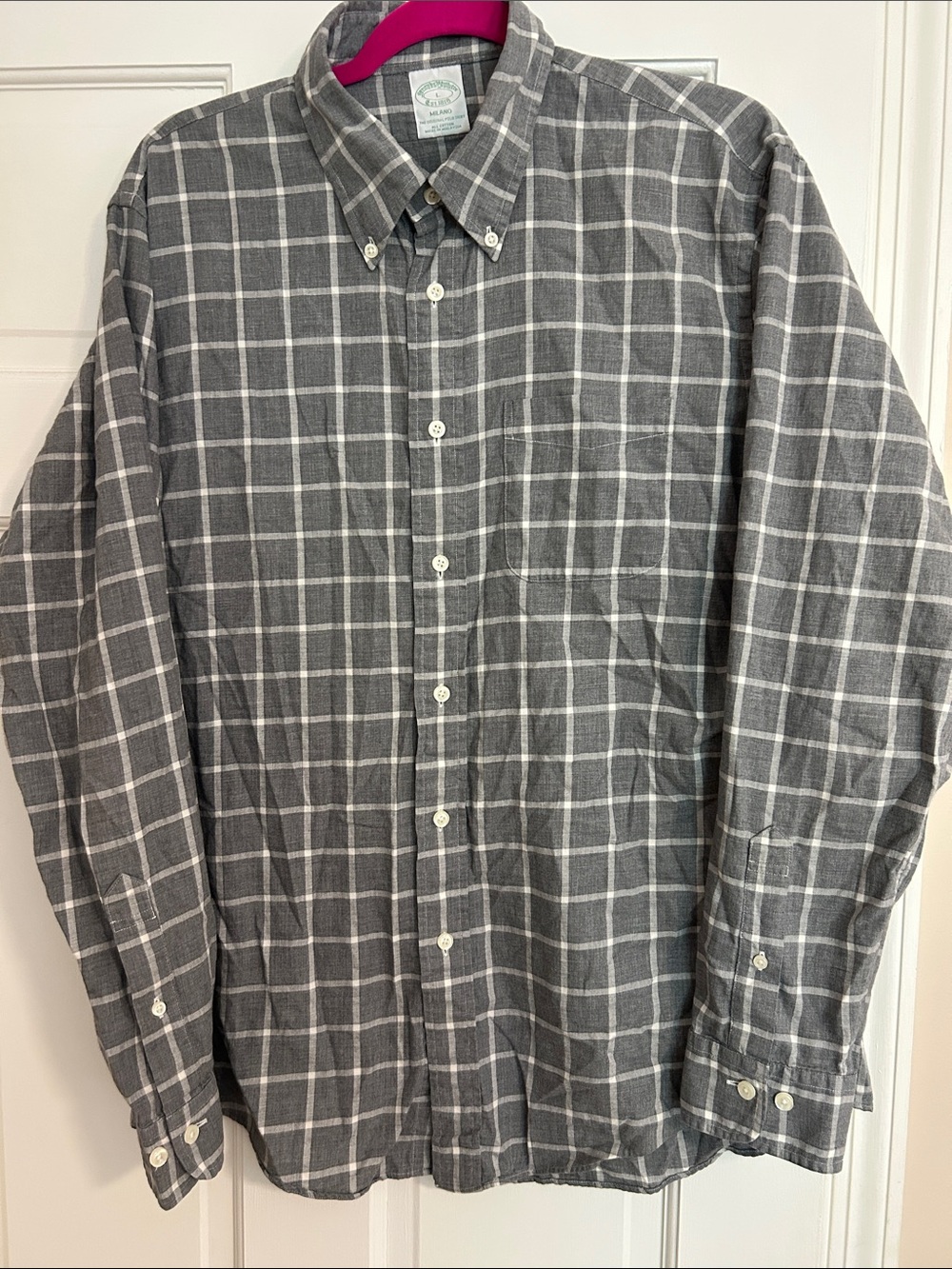 Brooks Brothers Gray Plaid Button-Down Shirt Milano Fit Size Large